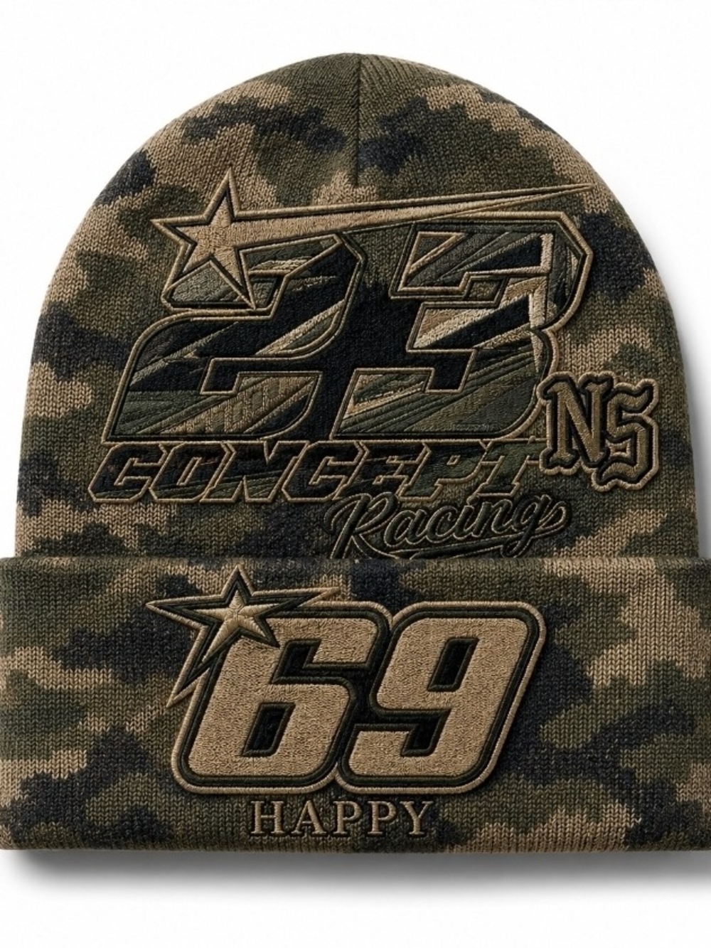HAPPY COLLECTION Camo Knit Beanie Hat with Embroidered Racing Patches